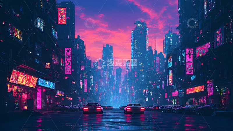 高清大图下载【趣麦麦图】创意卡通手绘赛博朋克系列城市插画