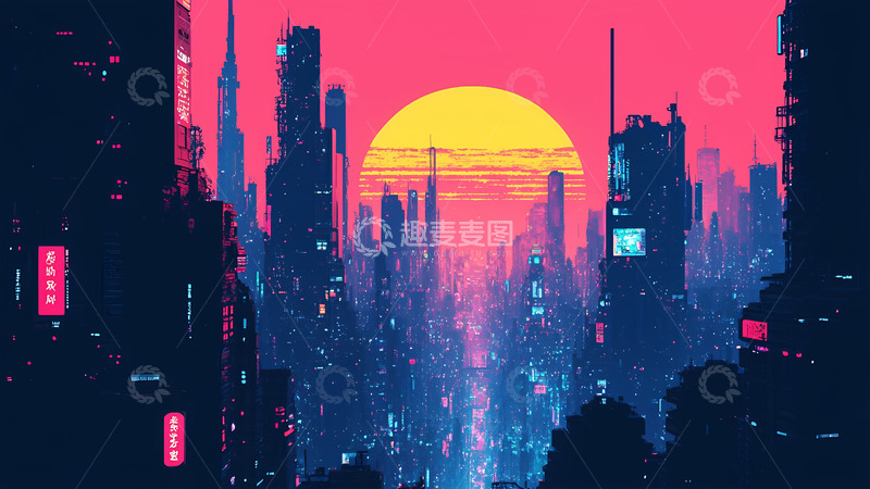 高清大图下载【趣麦麦图】创意卡通手绘赛博朋克系列城市插画1