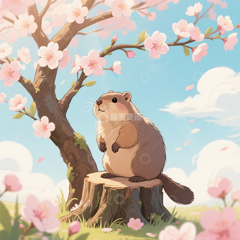 高清大图下载【趣麦麦图】樱花仓鼠蓝天白云手绘插画