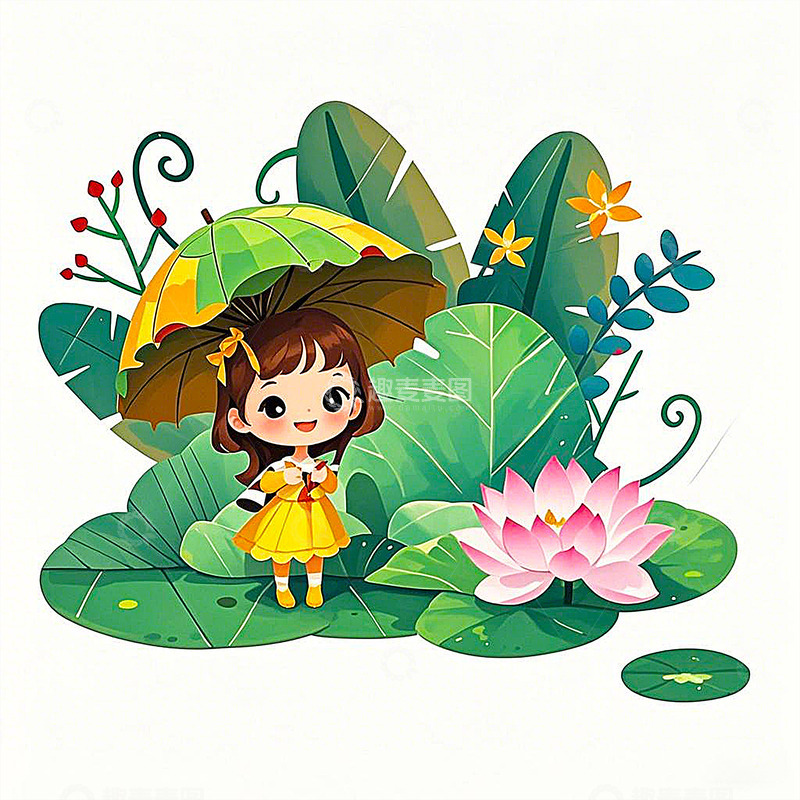 高清大图下载【趣麦麦图】夏天小女孩旅游手绘插画