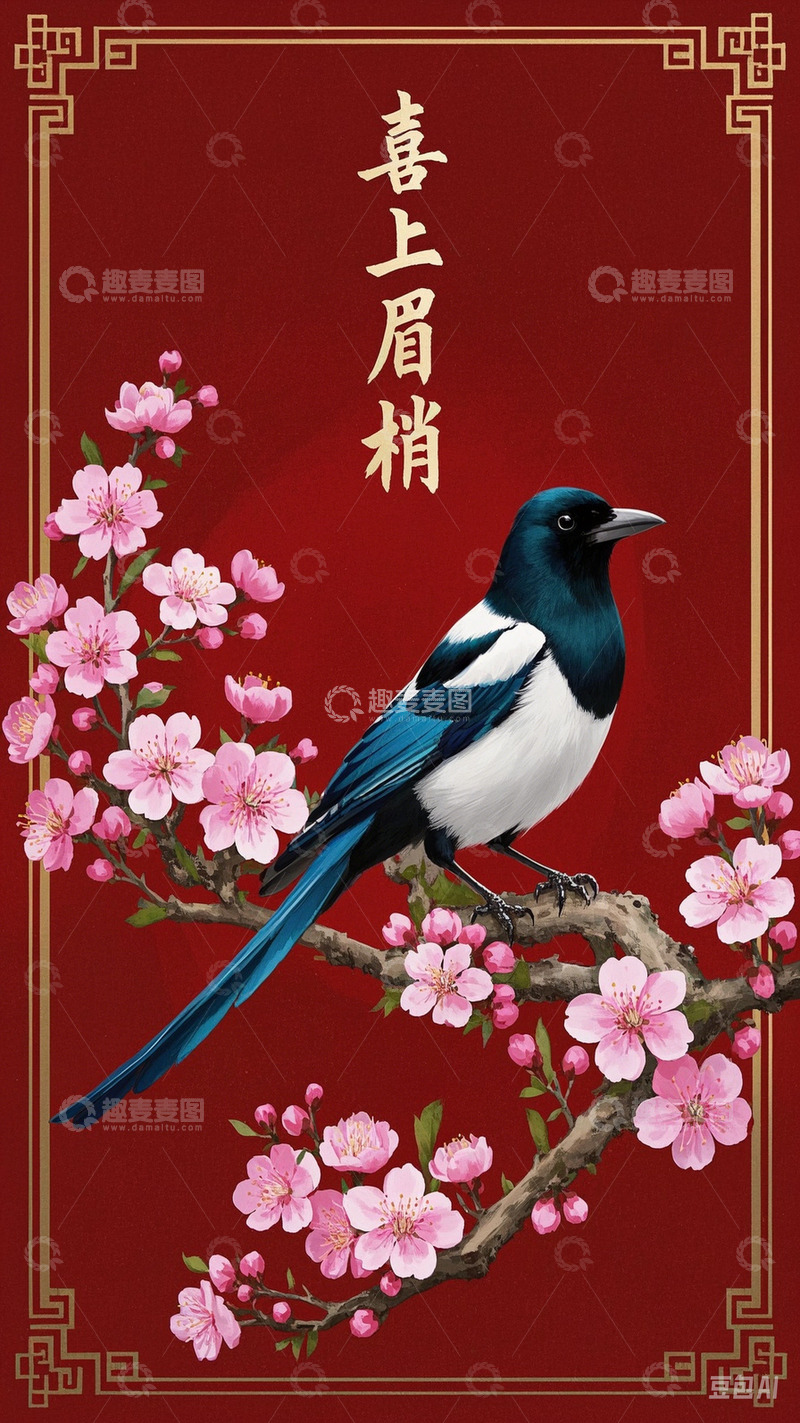 高清大图下载【趣麦麦图】中国风喜鹊喜上眉梢插画制作