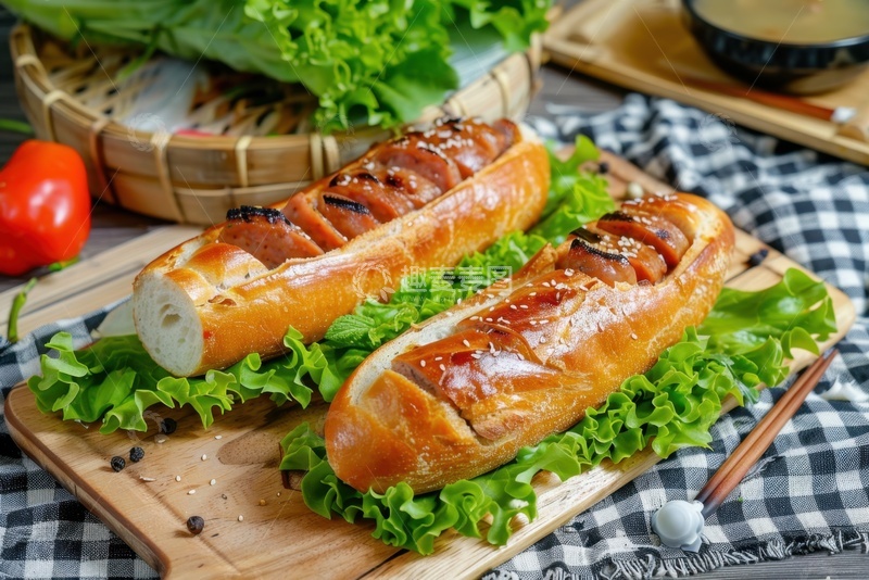 高清大图下载【趣麦麦图】案板上的火腿肠面包