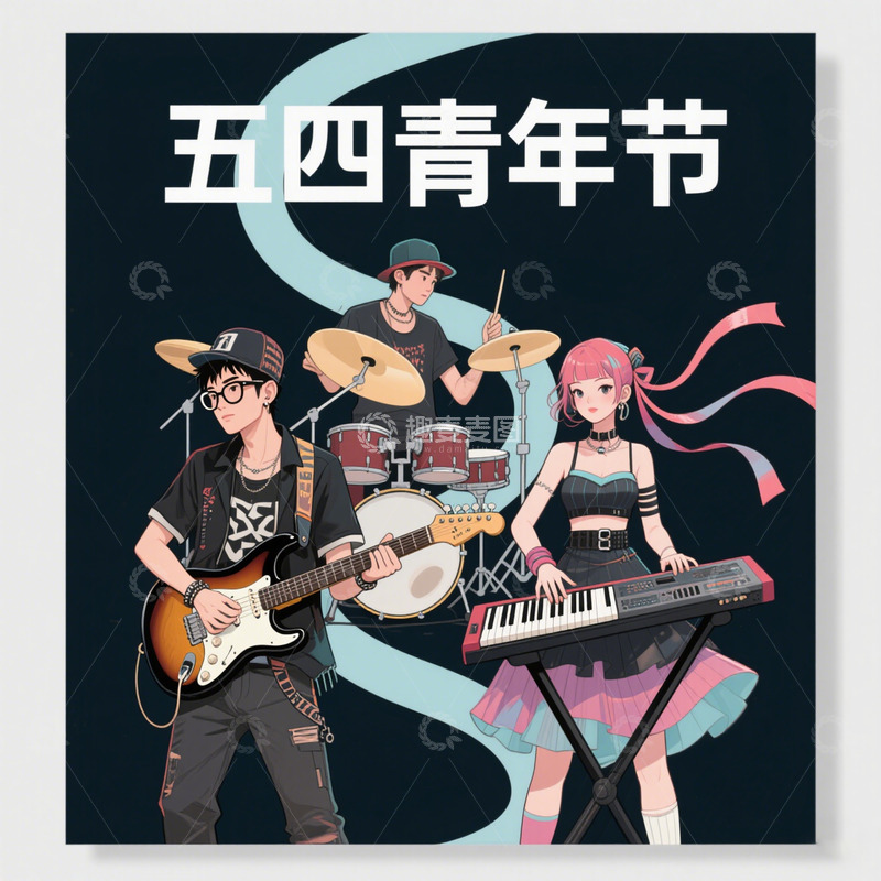 高清大图下载【趣麦麦图】五四青年节朋克风手绘插画