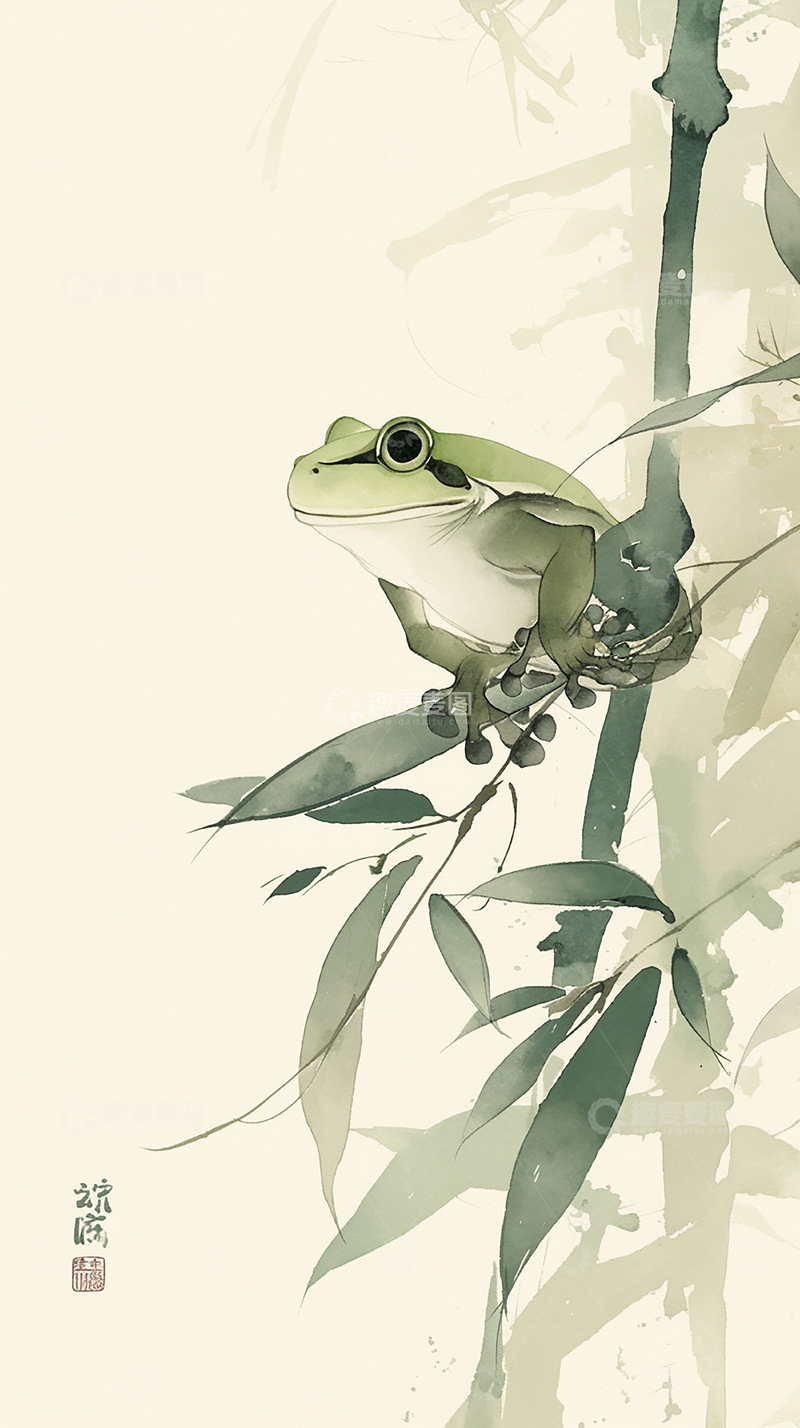 高清大图下载【趣麦麦图】竹枝上青蛙的静谧栖息