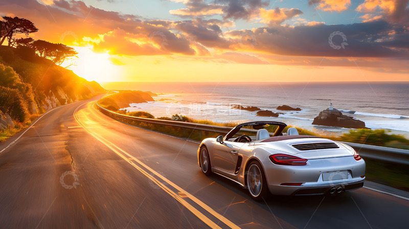 高清大图下载【趣麦麦图】海边日落行驶的小汽车
