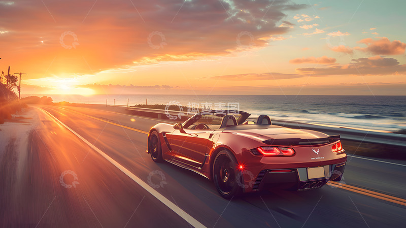 高清大图下载【趣麦麦图】海边日落行驶的小汽车1