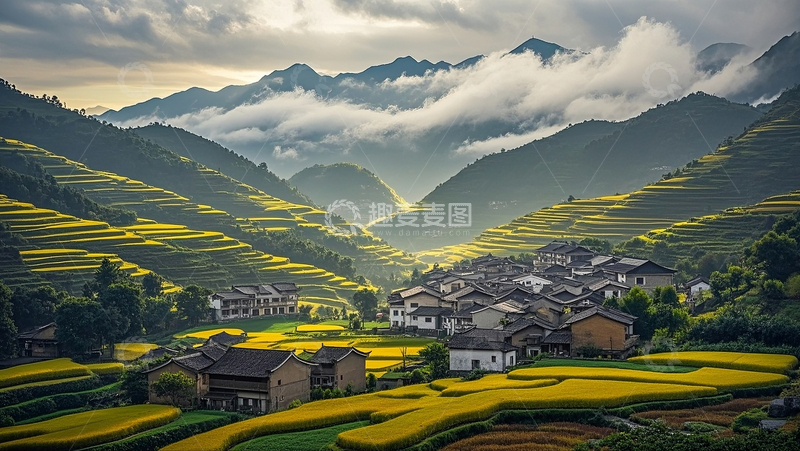 高清大图下载【趣麦麦图】梯田 云雾下的村庄