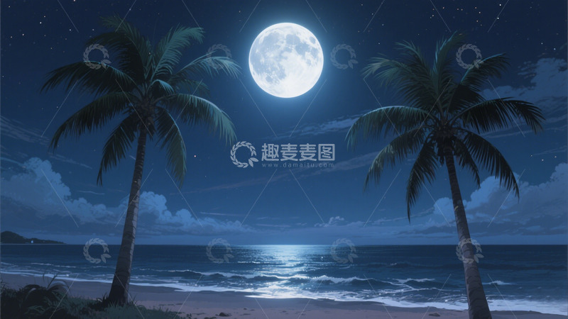 高清大图下载【趣麦麦图】海边夜晚的月亮