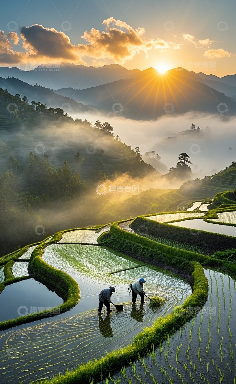 高清大图下载【趣麦麦图】云雾下的梯田