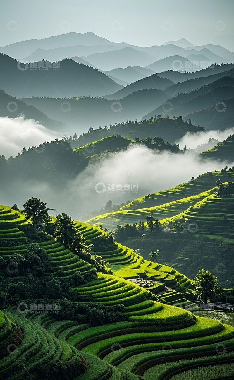 高清大图下载【趣麦麦图】云雾下的梯田风光