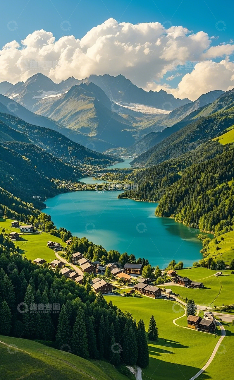 高清大图下载【趣麦麦图】山川湖泊下的村庄1