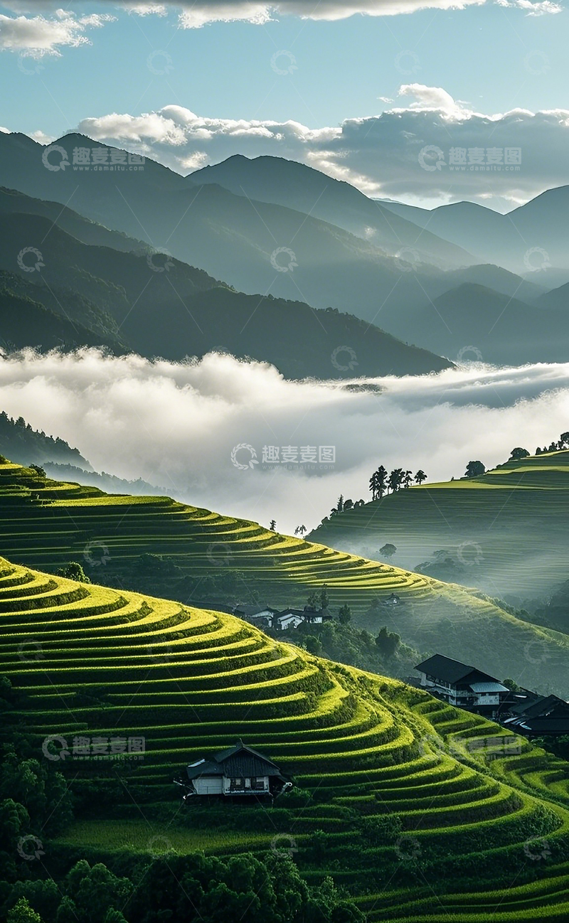 高清大图下载【趣麦麦图】云雾下的梯田风光1