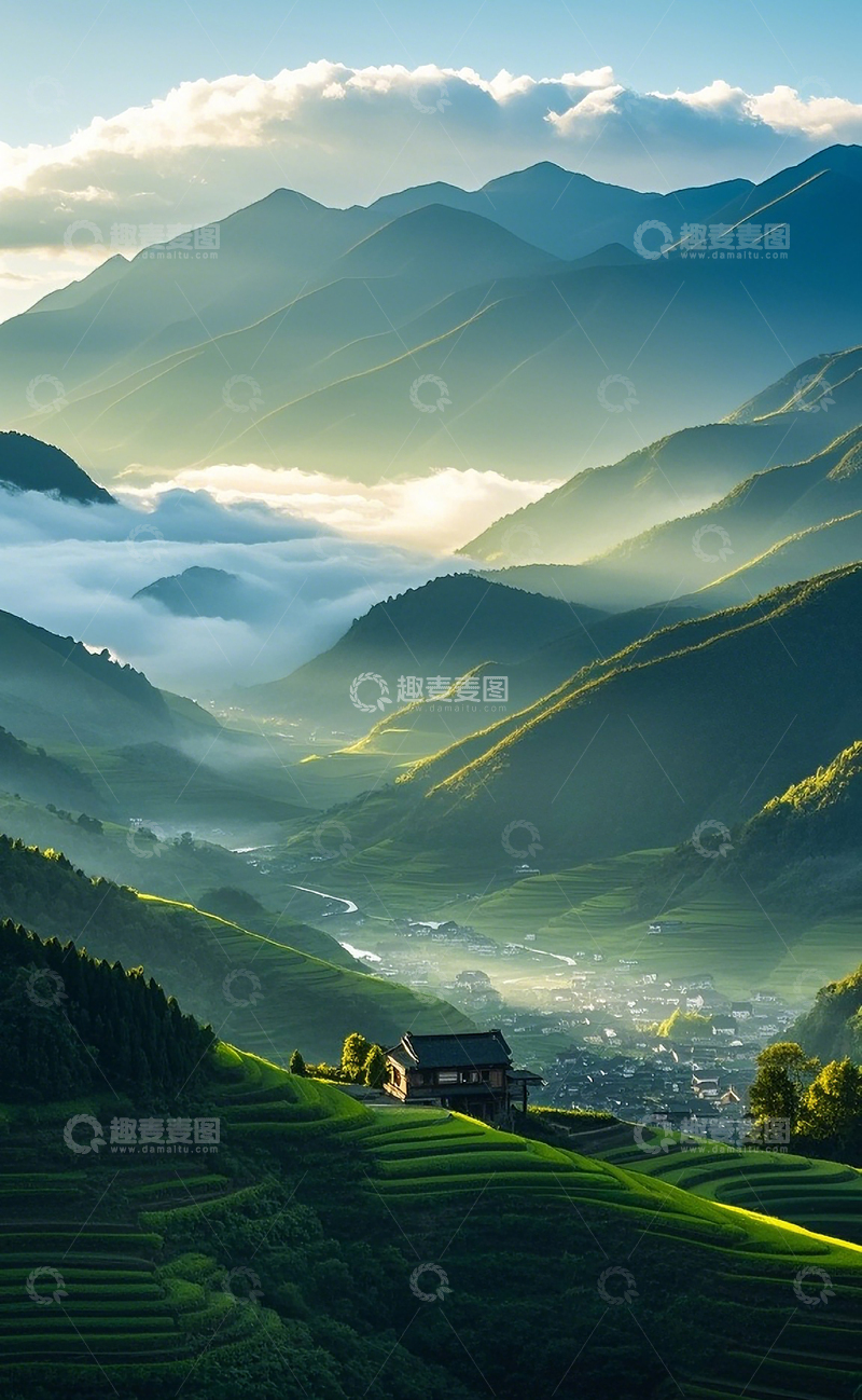 高清大图下载【趣麦麦图】山川下的村庄