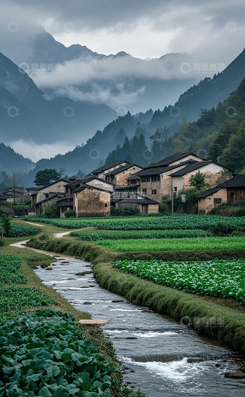 高清大图下载【趣麦麦图】云雾山川下的村庄1