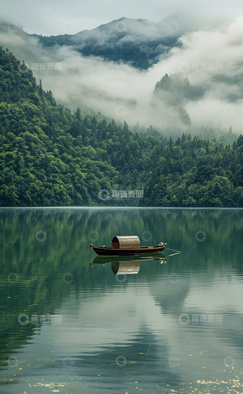 高清大图下载【趣麦麦图】云雾山川湖泊小船1