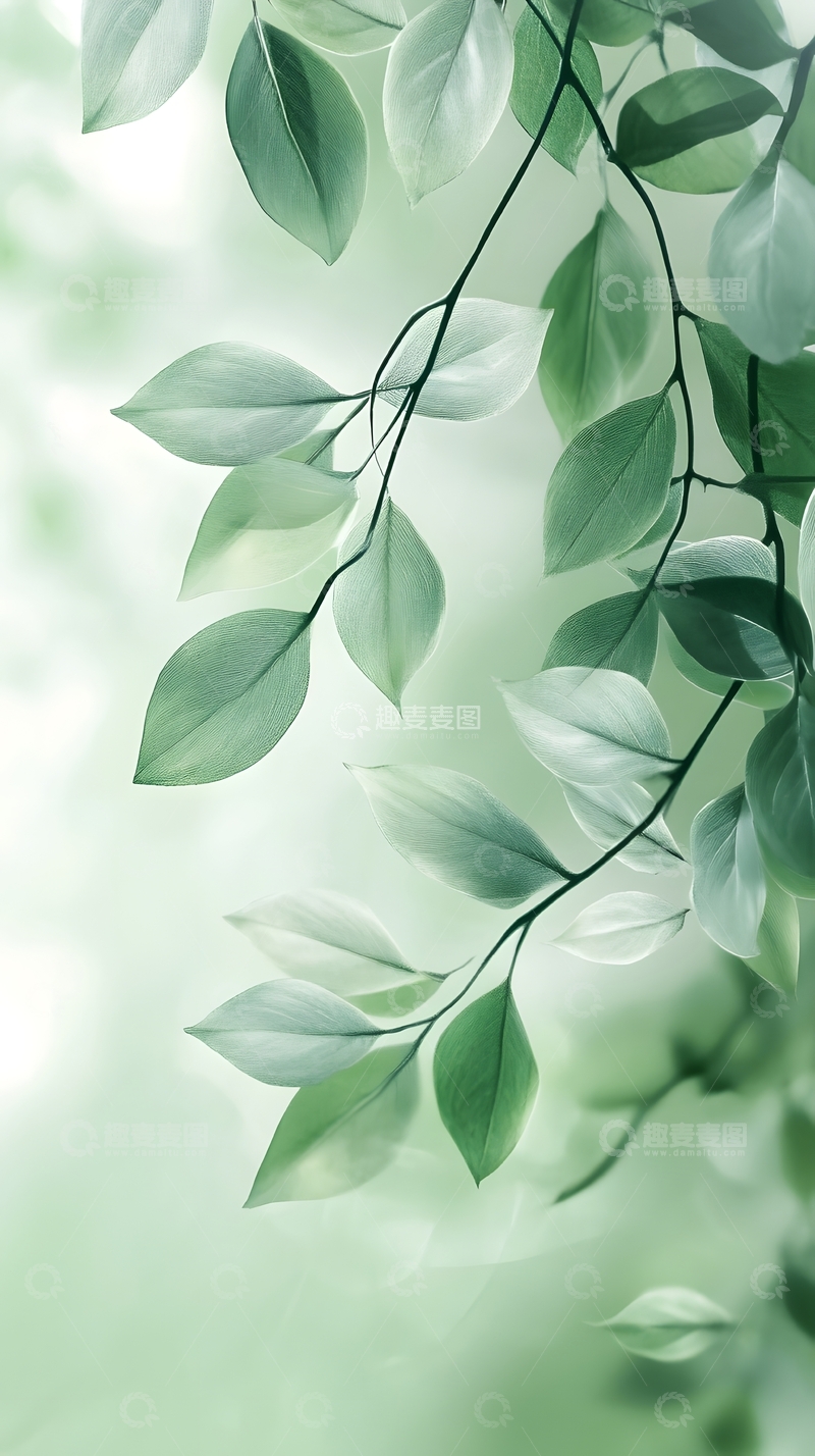 高清大图下载【趣麦麦图】谷雨绿叶枝条唯美插画风节气背景图