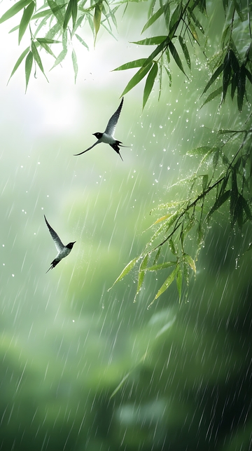 谷雨时节竹林飞鸟雨雾朦胧自然风景图