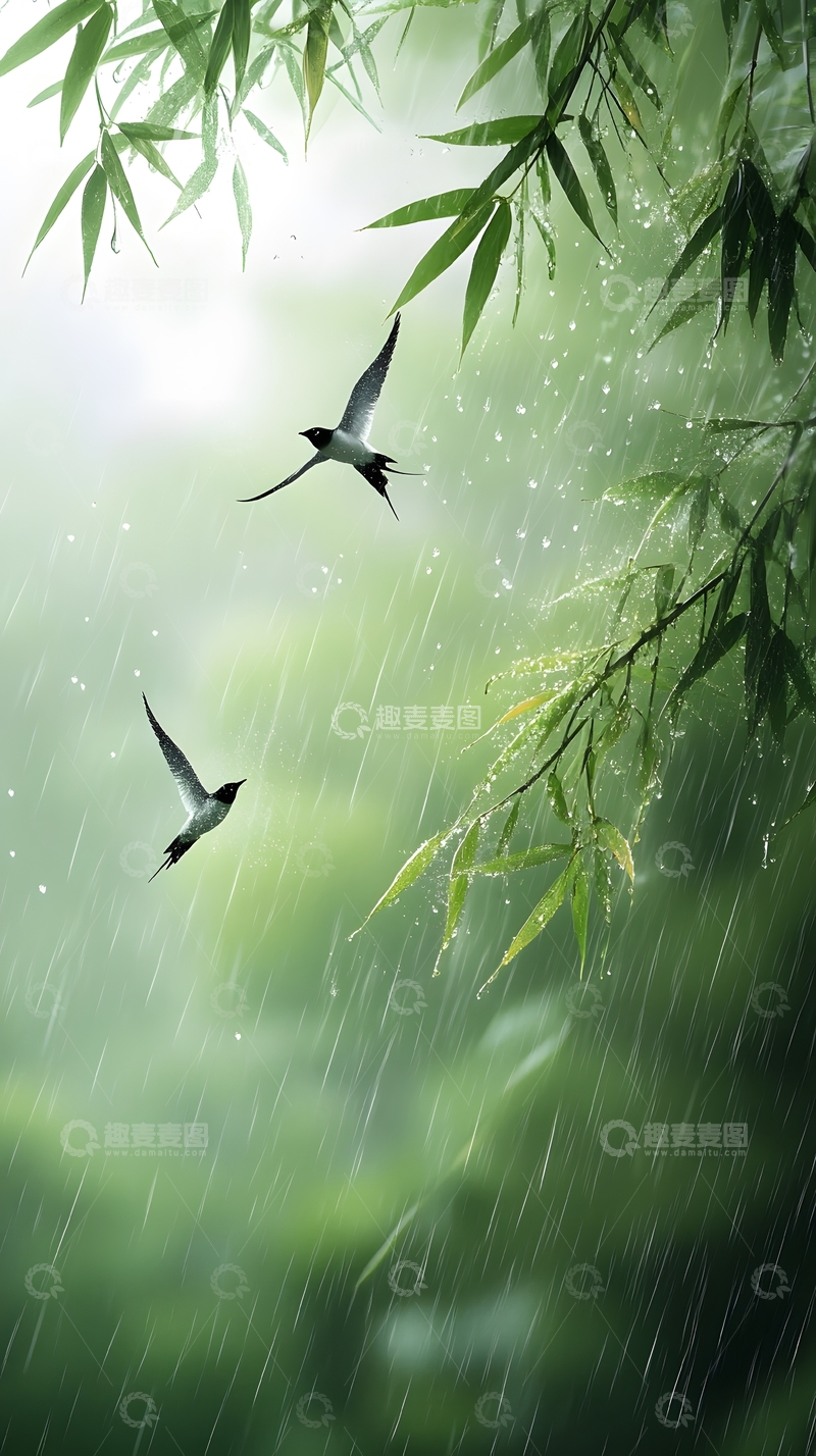高清大图下载【趣麦麦图】谷雨时节竹林飞鸟雨雾朦胧自然风景图