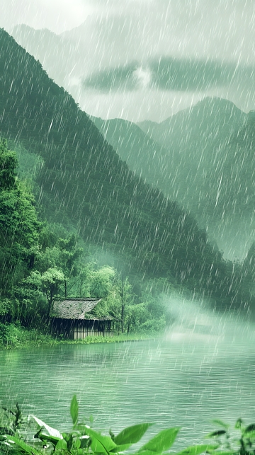 谷雨山水雨雾江南河流清新自然风景图