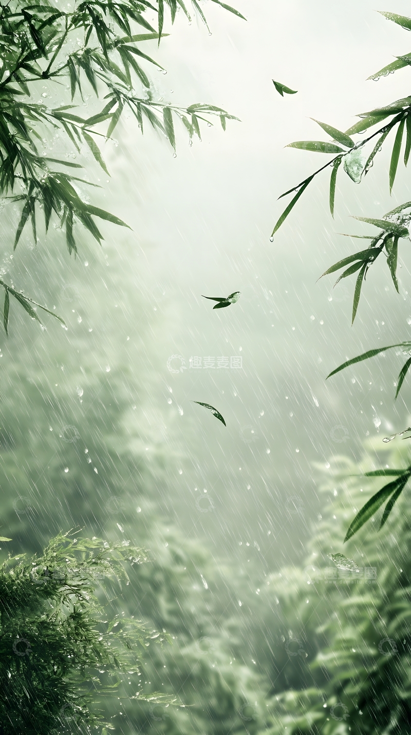 高清大图下载【趣麦麦图】谷雨节气雨中竹林飞鸟春天意境插画图