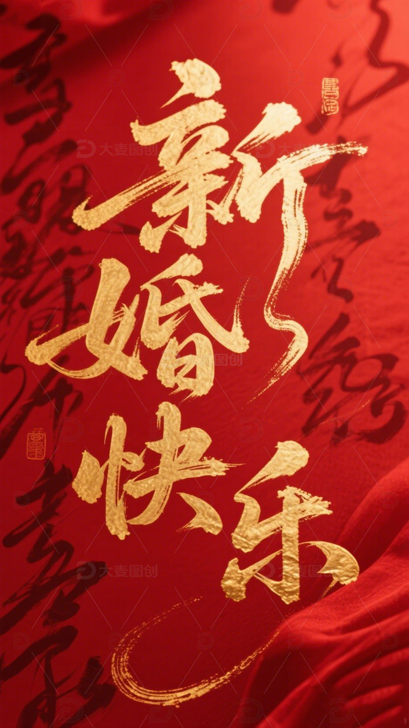高清大图下载【趣麦麦图】创意红底金箔字体新婚快乐艺术字