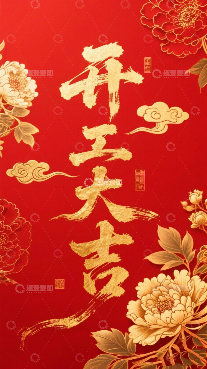 高清大图下载【趣麦麦图】创意红底金箔字体开工大吉艺术字2