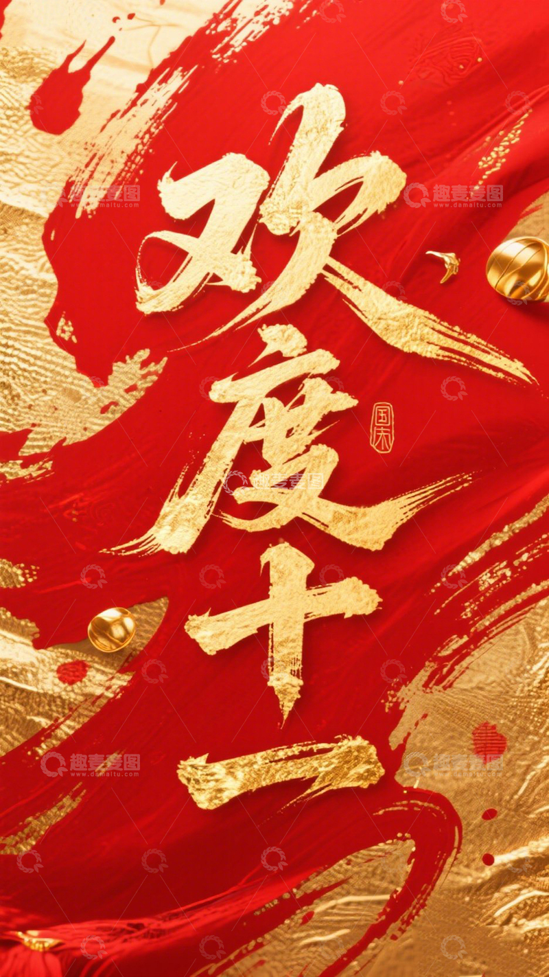 高清大图下载【趣麦麦图】创意红底金箔字体欢度十一艺术字