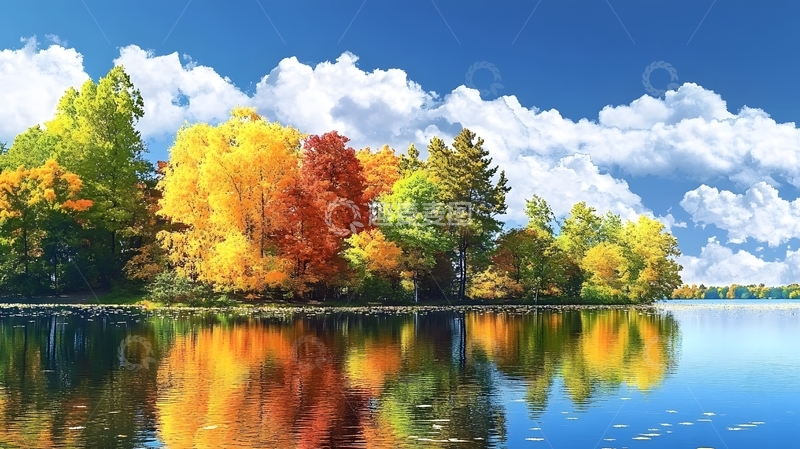 高清大图下载【趣麦麦图】丰富多彩的一幅秋景湖光图