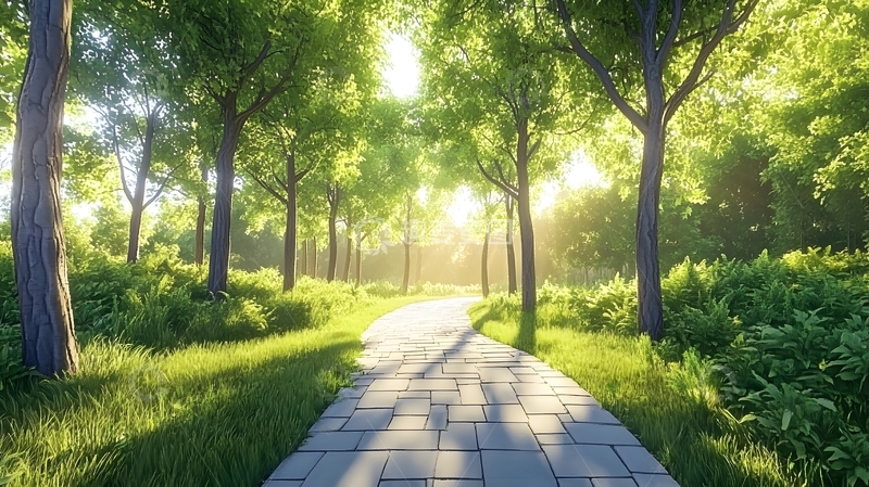 高清大图下载【趣麦麦图】阳光照耀下的林间步道景象2
