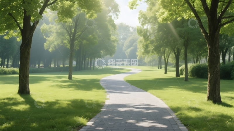 高清大图下载【趣麦麦图】阳光照耀下的林间步道景象4