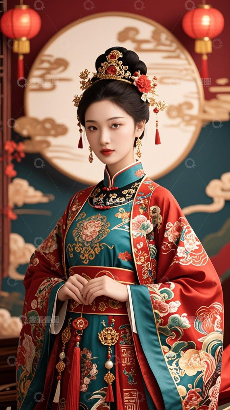 高清大图下载【趣麦麦图】国潮美女盘发新婚喜服