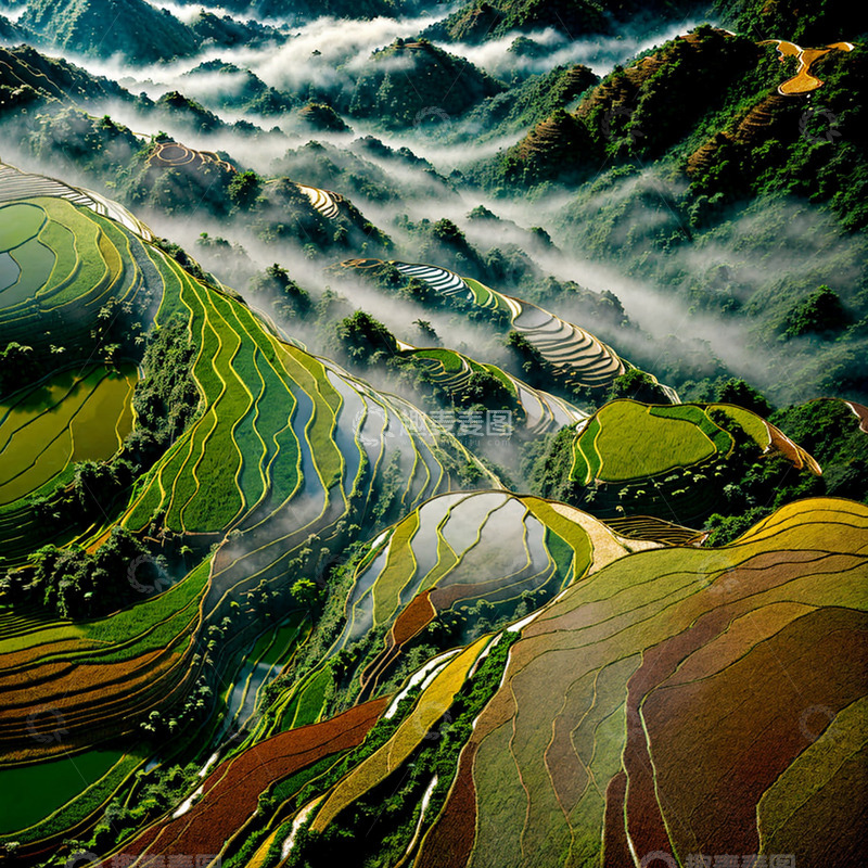 高清大图下载【趣麦麦图】谷鱼水稻梯田鸟瞰图2