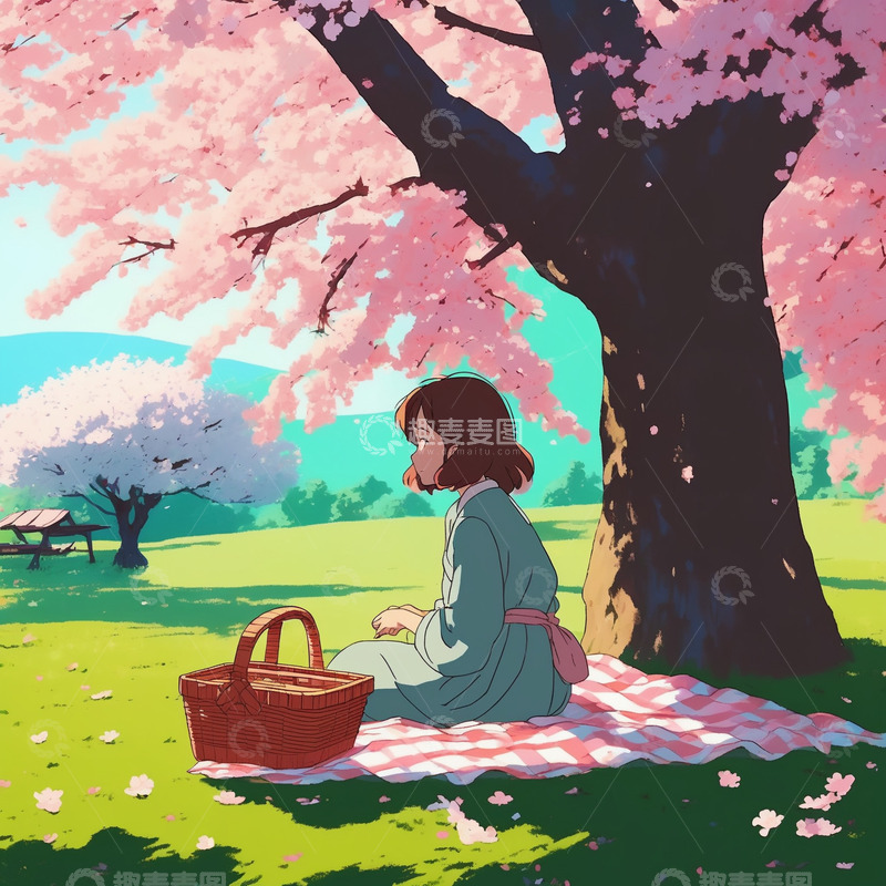 高清大图下载【趣麦麦图】樱花下的野餐