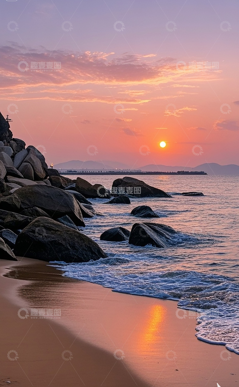高清大图下载【趣麦麦图】夕阳下的海岸边10