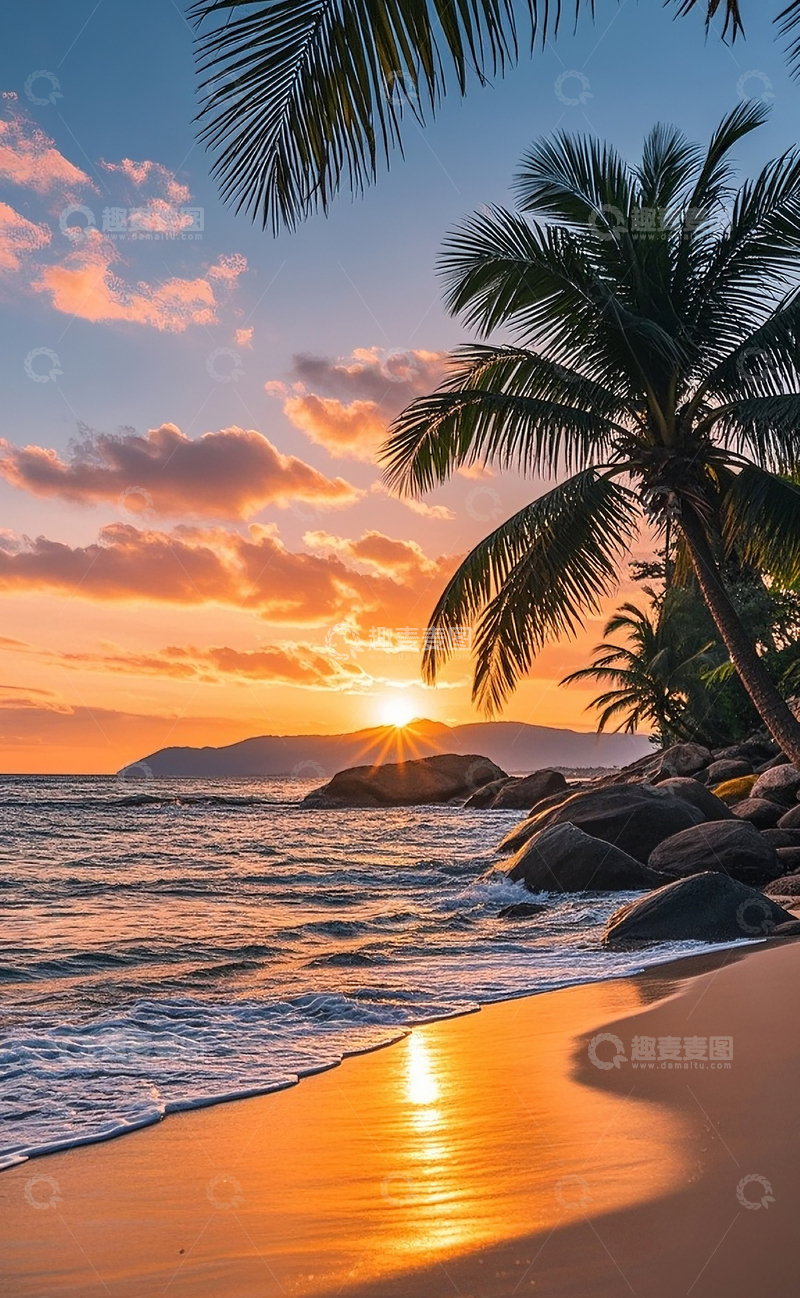 高清大图下载【趣麦麦图】夕阳下的海边