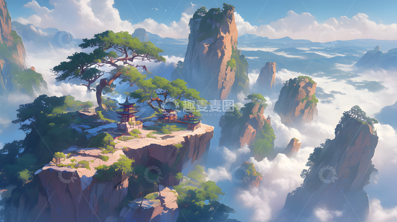 高清大图下载【趣麦麦图】云雾中的崇山峻岭松树1