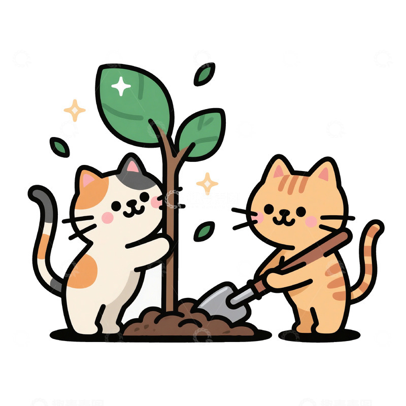高清大图下载【趣麦麦图】小猫种树卡通插画