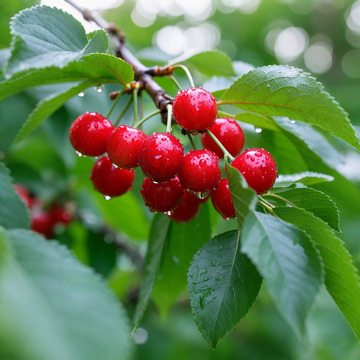 雨后树上的红樱桃