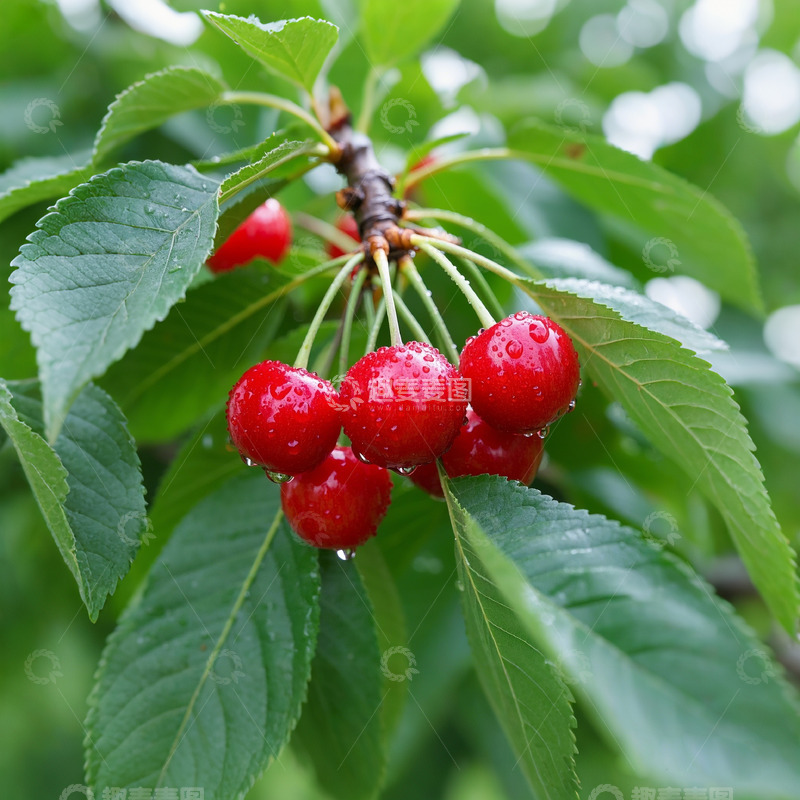 高清大图下载【趣麦麦图】树上带着雨珠的樱桃