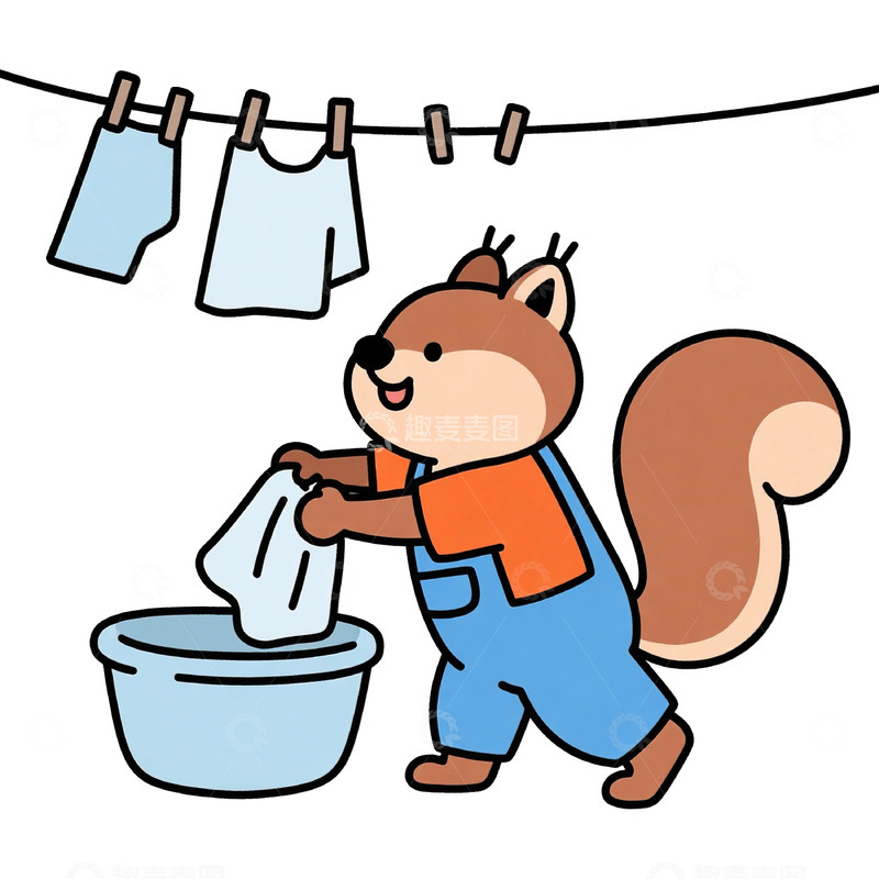 高清大图下载【趣麦麦图】松鼠晾晒衣服卡通插画