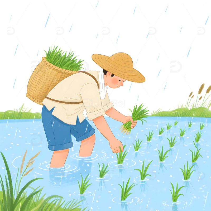 高清大图下载【趣麦麦图】插秧时节的田园农民劳作插画