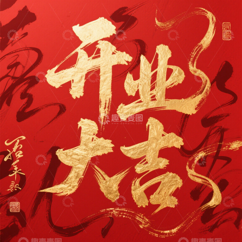高清大图下载【趣麦麦图】创意红底金箔开业大吉毛笔手写艺术字