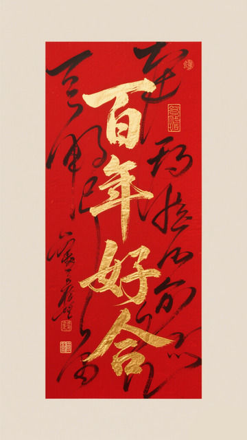 创意红底金箔百年好合毛笔手写艺术字1