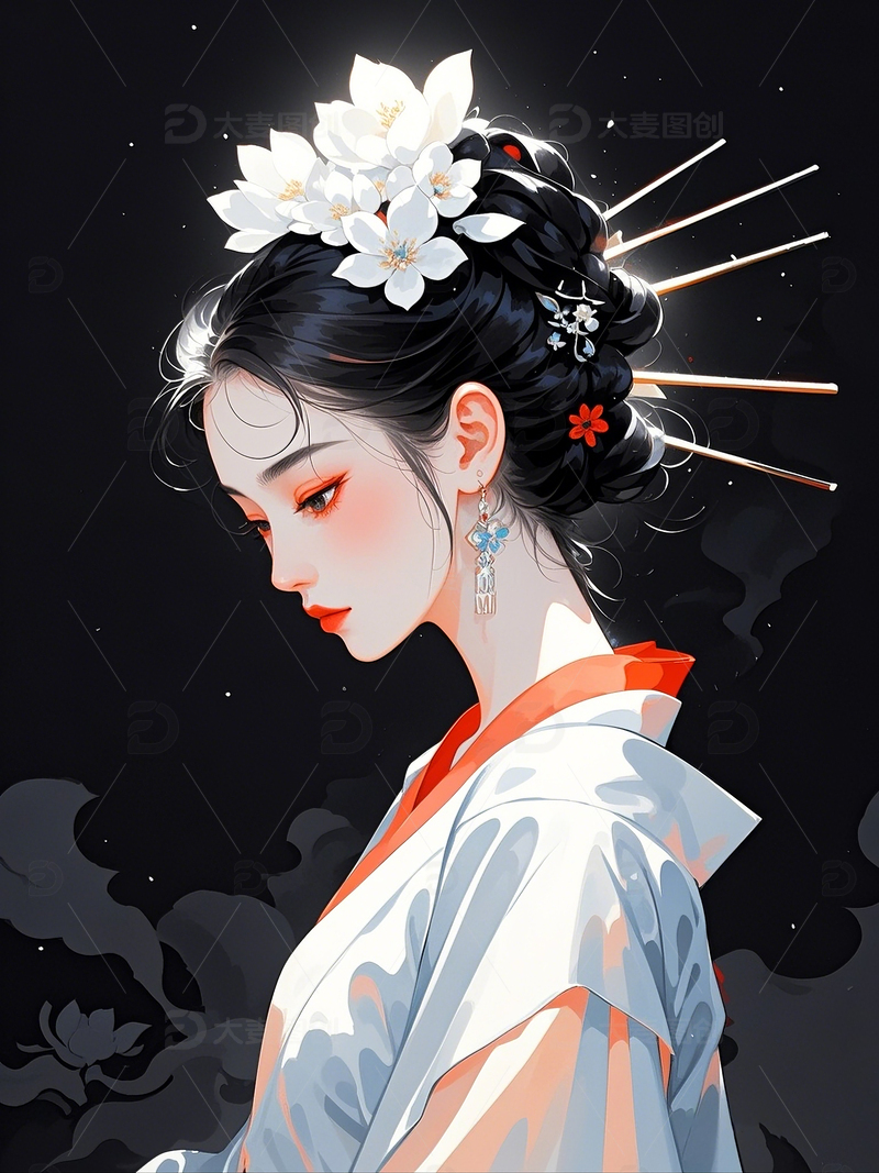 高清大图下载【趣麦麦图】白色簪花盘发古装女子半身