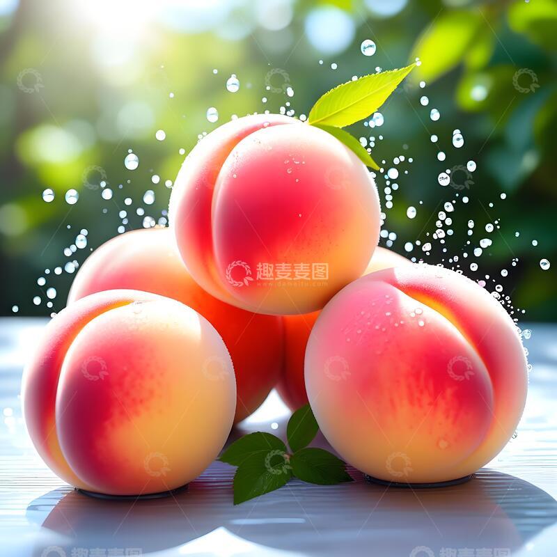 高清大图下载【趣麦麦图】阳光下露珠晶莹的水蜜桃水果摄影7