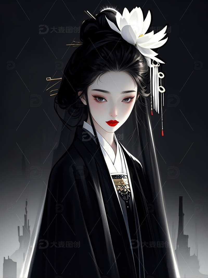 高清大图下载【趣麦麦图】白色簪花长发女子半身