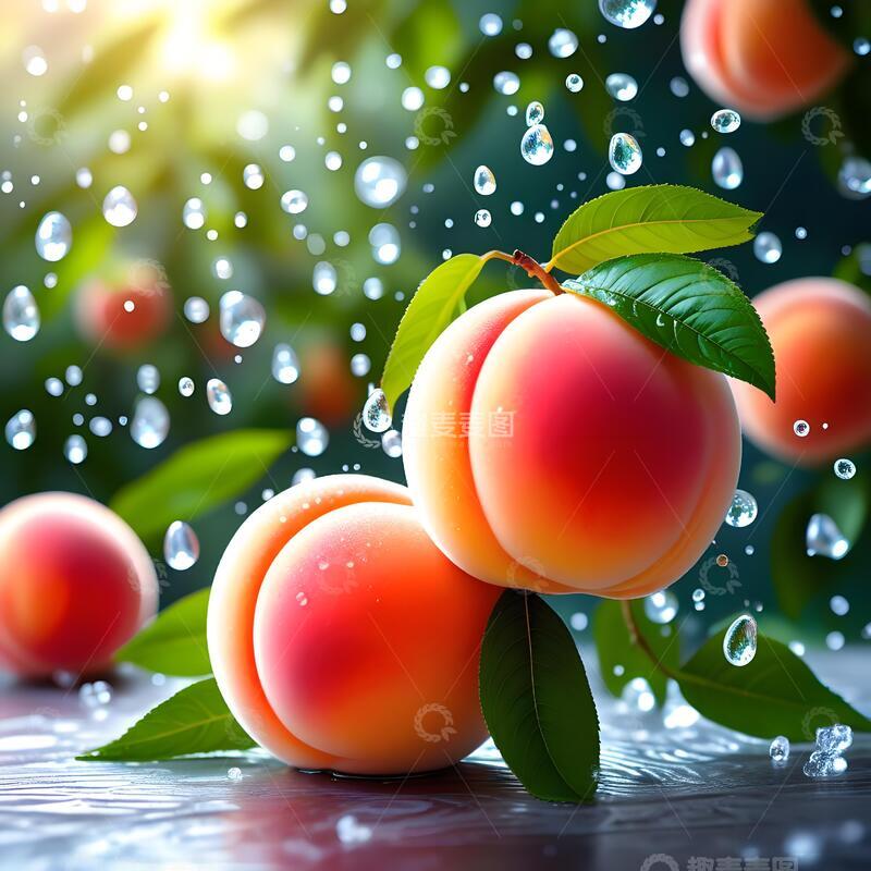 高清大图下载【趣麦麦图】阳光下露珠晶莹的水蜜桃水果摄影
