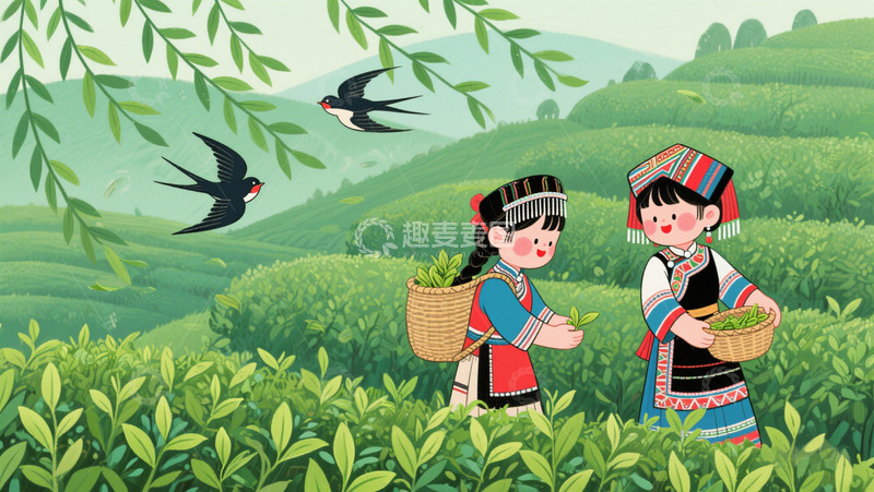高清大图下载【趣麦麦图】谷雨采茶园采茶女手绘插画背景元素