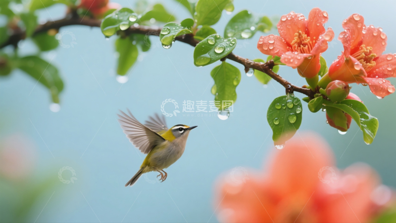 高清大图下载【趣麦麦图】小鸟飞在石榴花旁2