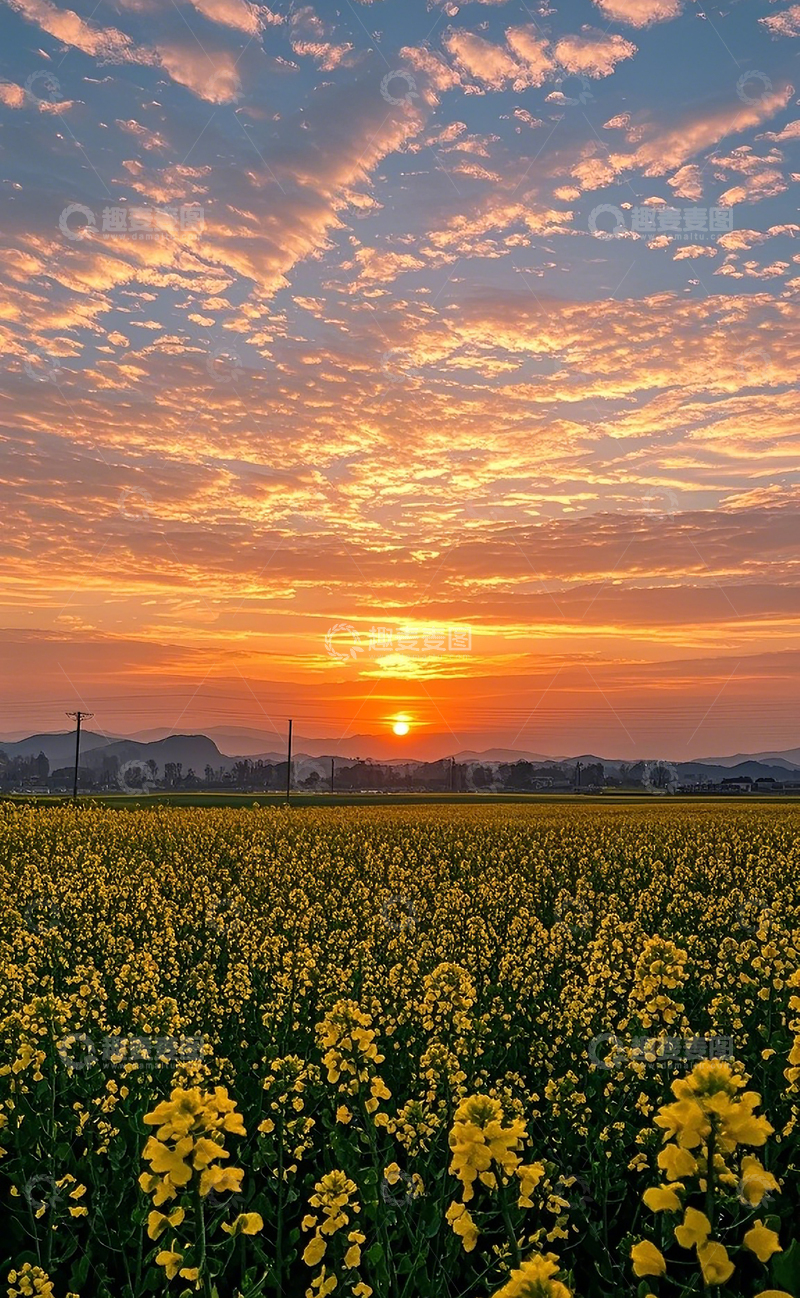 高清大图下载【趣麦麦图】夕阳下的油菜花田2